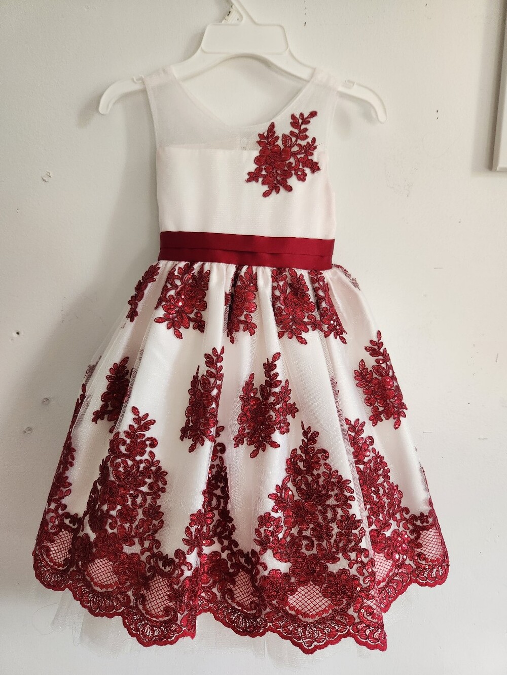 American Princess Girls Burgundy Red Floral Lace Sequined Party Dress Size 6